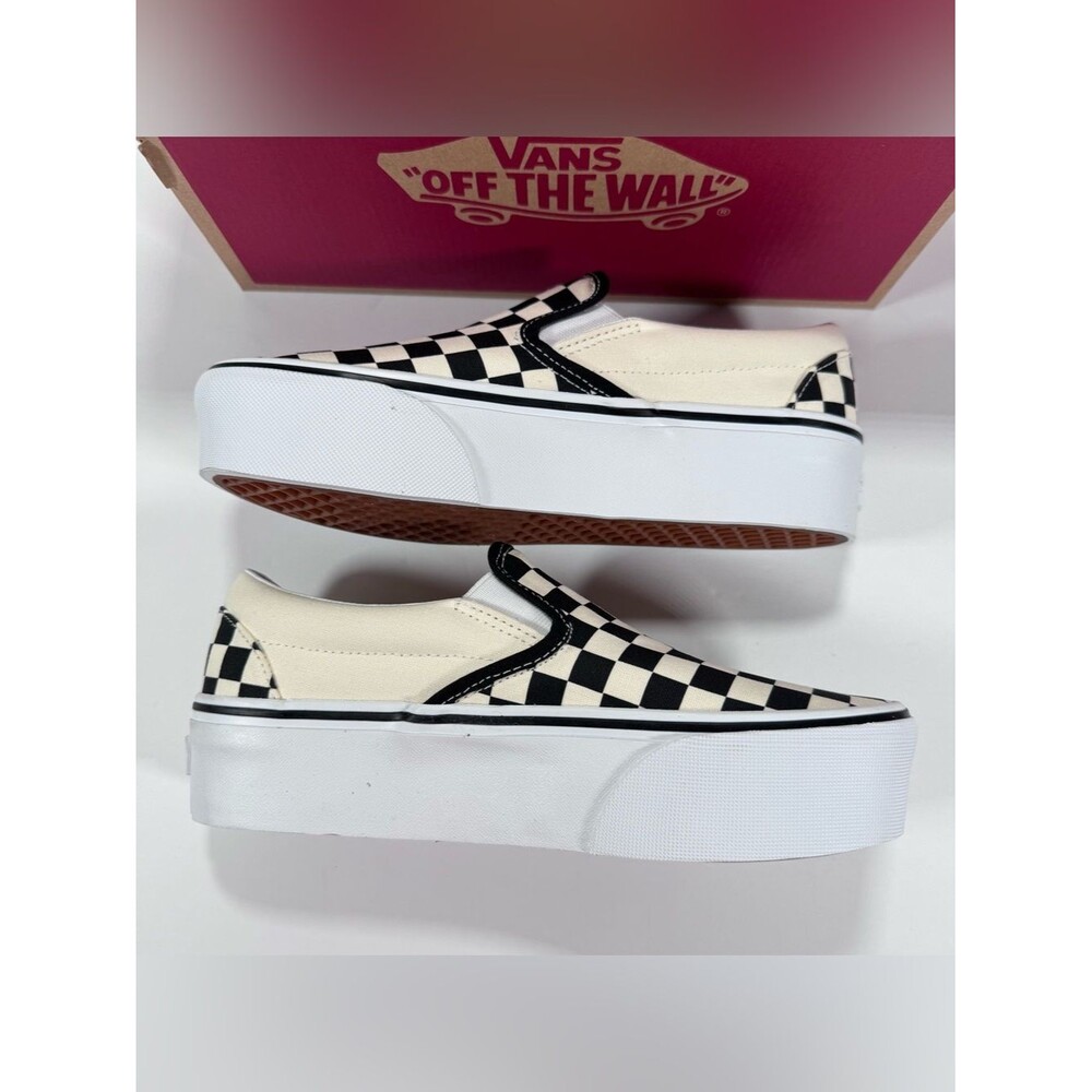 Vans Classic Slip-On Stackform Checkerboard Black Classic White Sneakers Women 8 - Picture 8 of 12